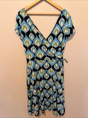 London Style Blue, Black, Green Geometric Wrap Dress